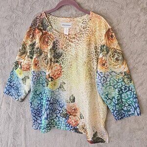 Alfred Dunner Womens Animal Floral Print 3/4 Sleeve Embellished Shirt Size XL